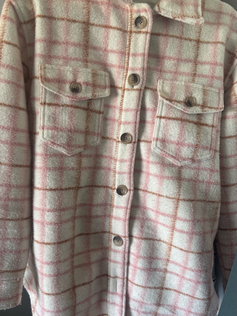 Joie Pink and Cream Plaid Teddy Shacket